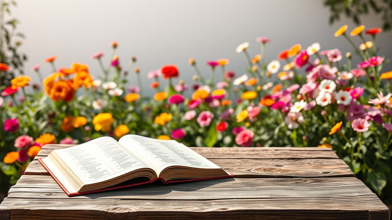 Een open numerologie boek op een rustieke tafel met een tuinachtergrond.