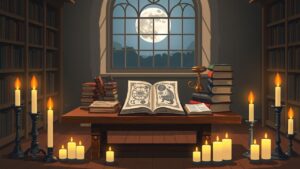 Een rustige en mystieke oude bibliotheek met numerologieboeken en kaarsen.