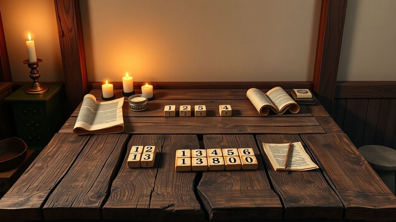 Een tafel bezaaid met oude rollen en cijferstenen, verlicht door kaarslicht. Een tafel bezaaid met oude rollen en cijferstenen, verlicht door kaarslicht.