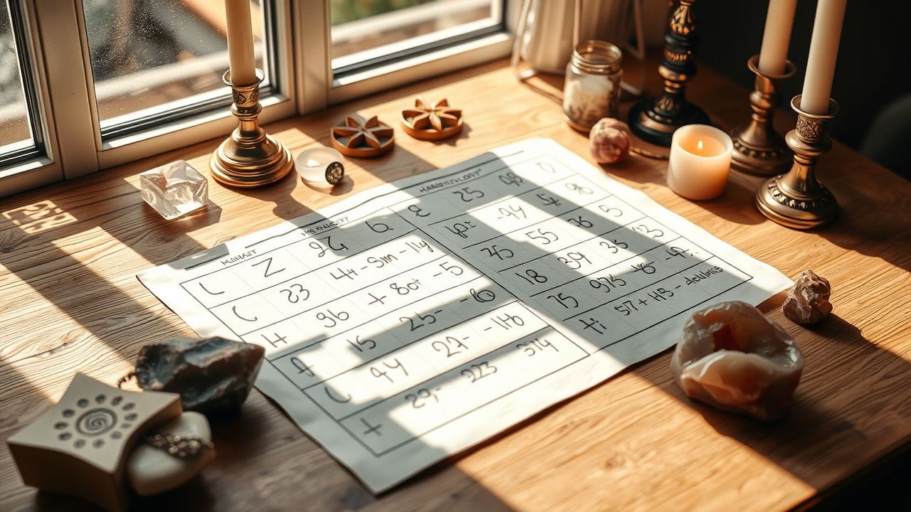 Een handgeschreven numerologietabel omringd door symbolische objecten.