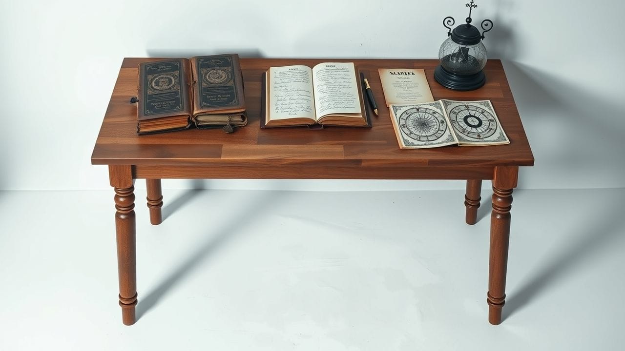 Een houten tafel met numerologieboeken, oude notities en antieke kalenders.