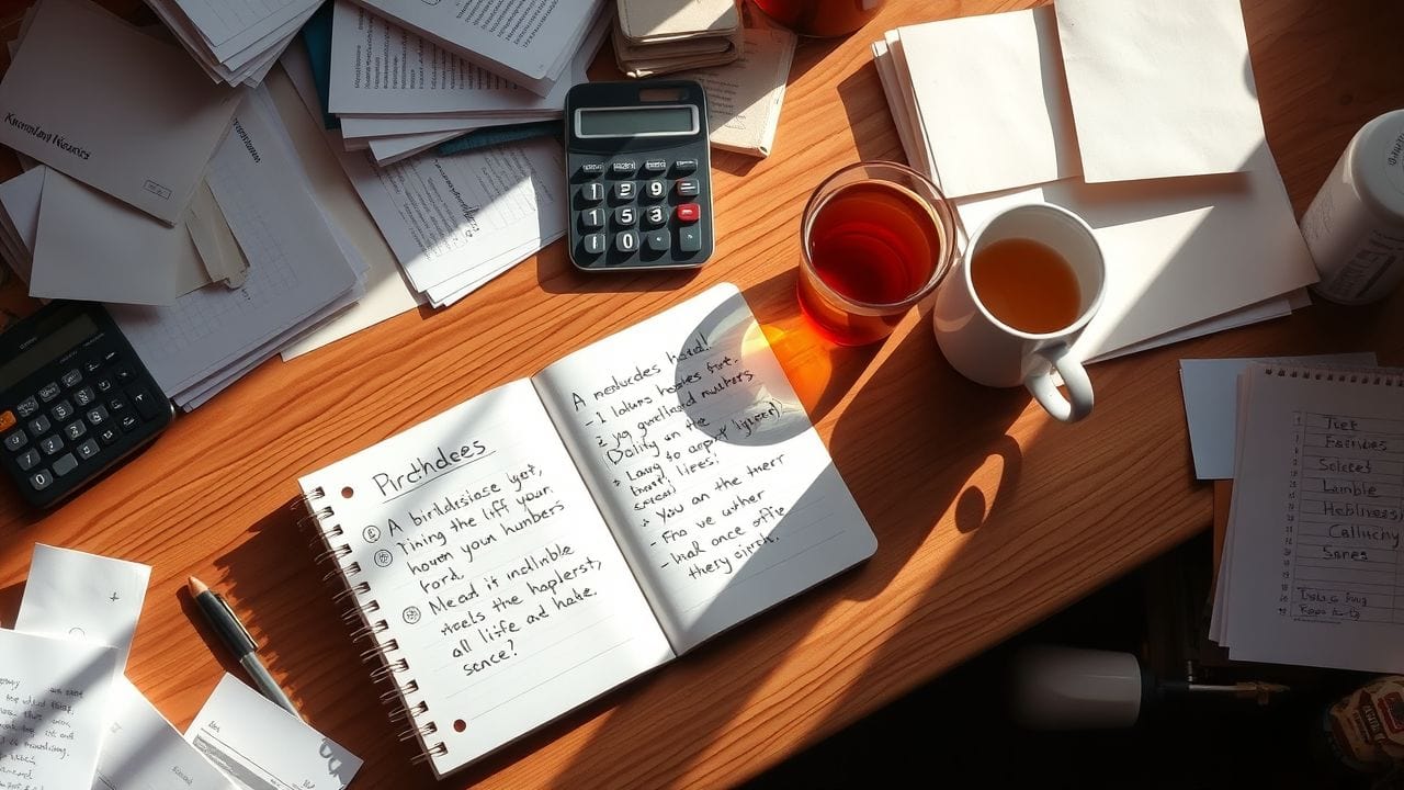 Een rommelig bureau met persoonlijke aantekeningen en benodigdheden.