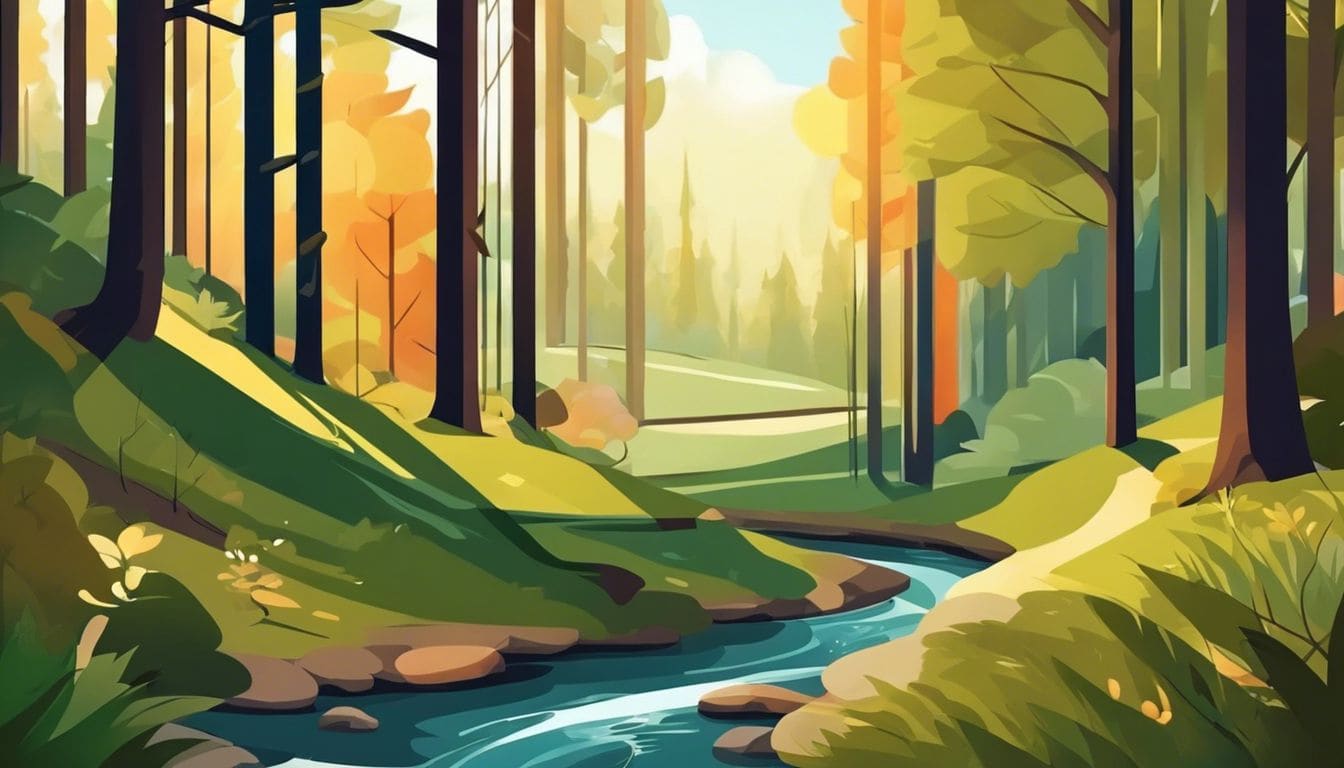 Een vredig bos met een kronkelend pad en stromend beekje.