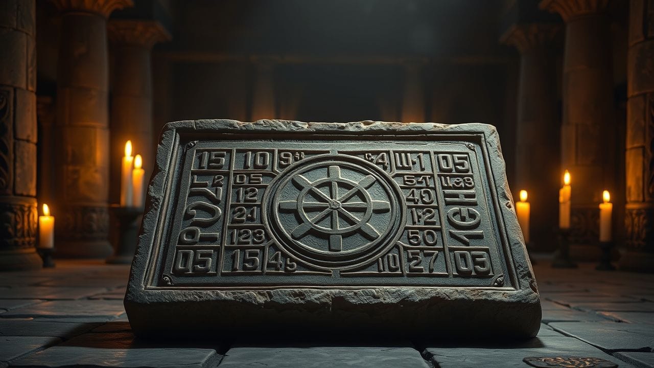 Een verweerde stenen tablet met een complex geometrisch patroon van cijfers en symbolen, verlicht door kaarslicht in een oud tempel.