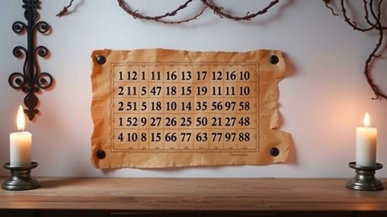 Een oude, versleten perkament met numerieke patronen en symbolen.