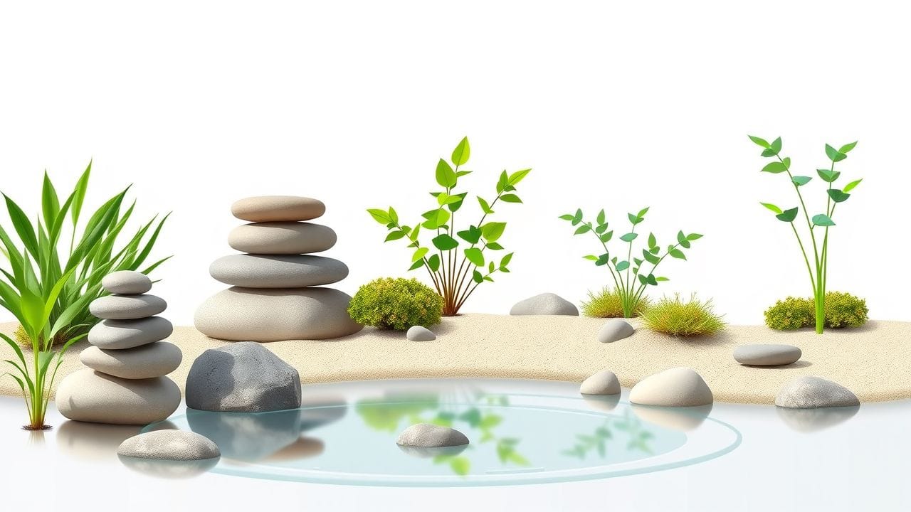 Een serene zen-tuin met geordende stenen, groene planten en een vredige vijver.