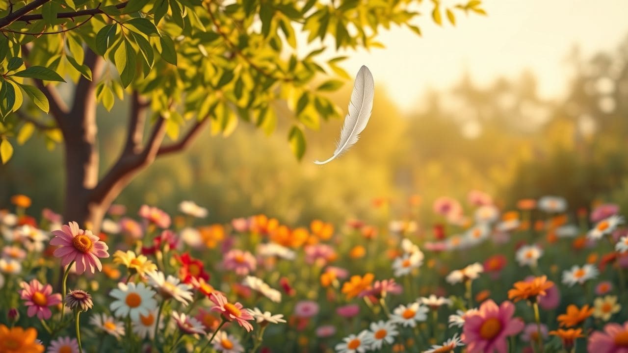 Een rustige tuin met bloeiende bloemen en een zwevende witte veer.