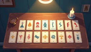 Minimalistische weergave van Lenormand-kaarten op een houten tafel.