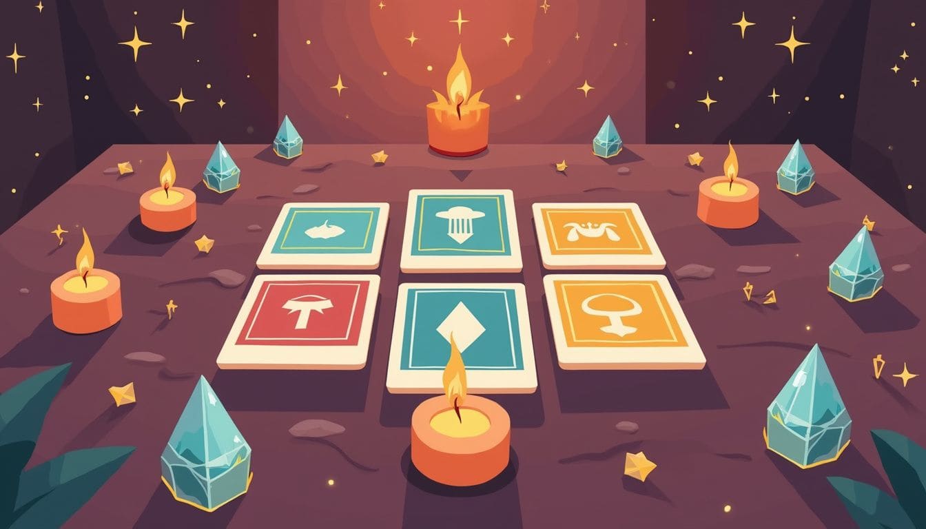 Minimalistische illustratie van een tarottafel met kaarten en kaarsen.
