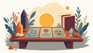 Minimalistische tarotkaartspread op een rustieke houten tafel met iconen.