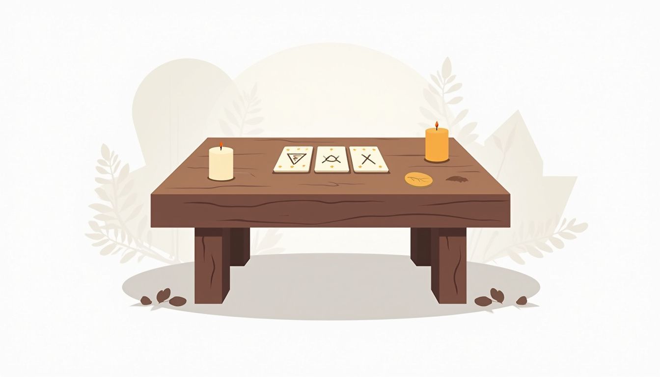 Minimalistische vectorillustratie van een houten tafel met tarotkaarten en kaarsen.