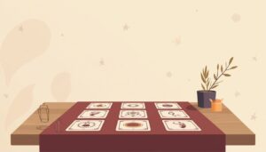 Minimalistische vectorillustratie van een tafel met Lenormandkaarten.