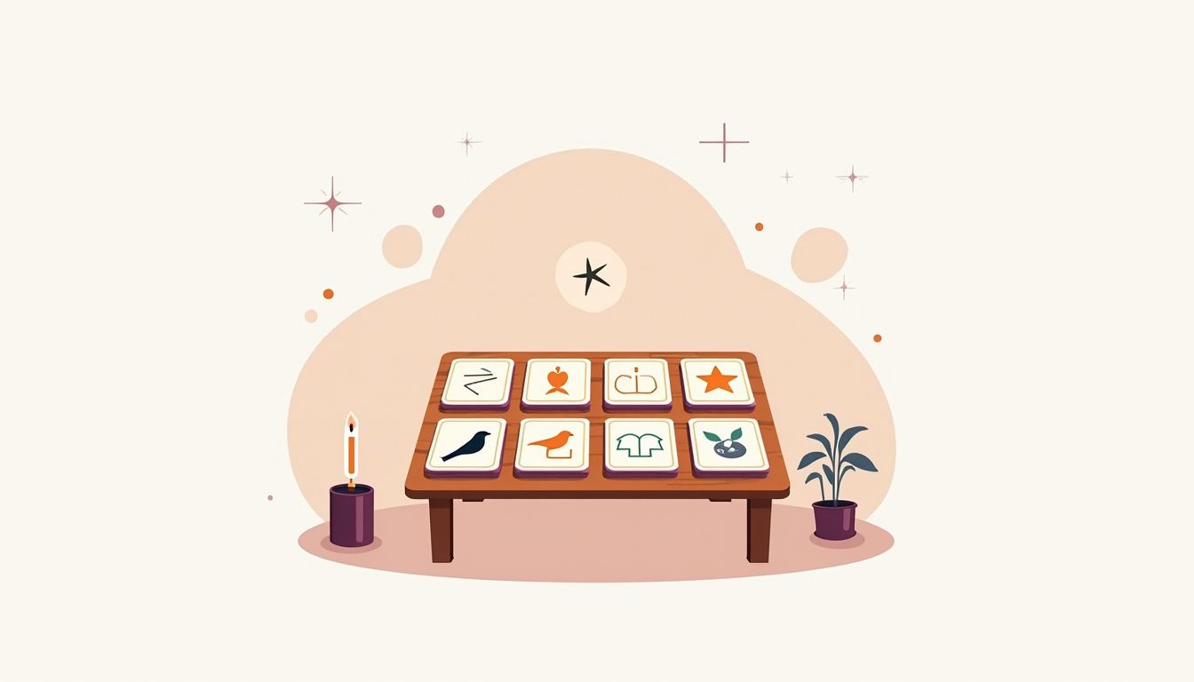 Minimalistische illustratie van Lenormand-kaarten op een houten tafel.