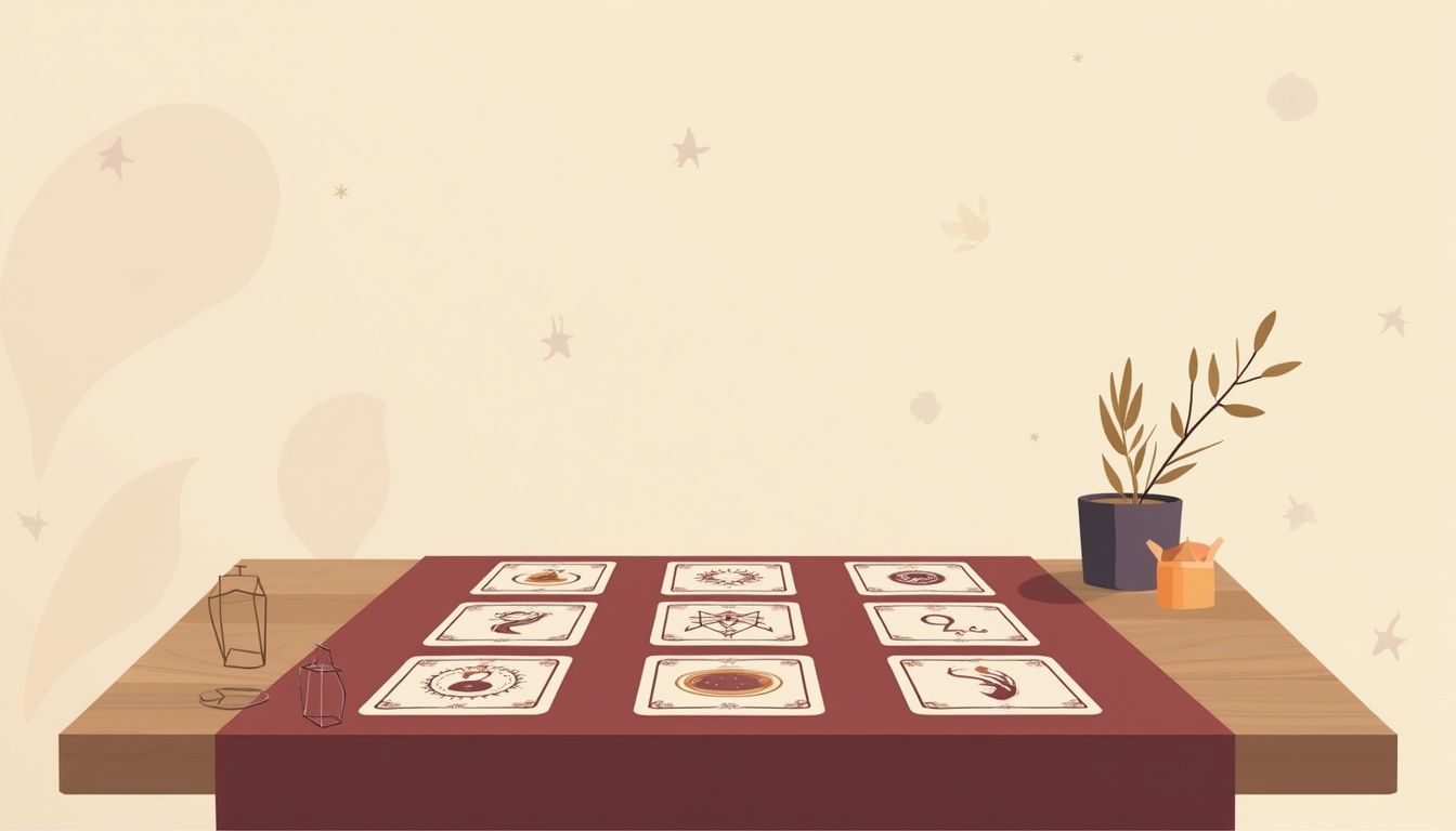 Minimalistische vectorillustratie van een tafel met Lenormandkaarten.