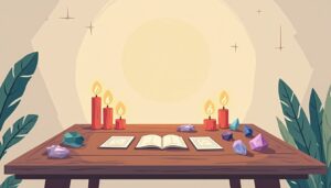 Minimalistische, mystieke kamer met kaarten, kaarsen en kristallen.