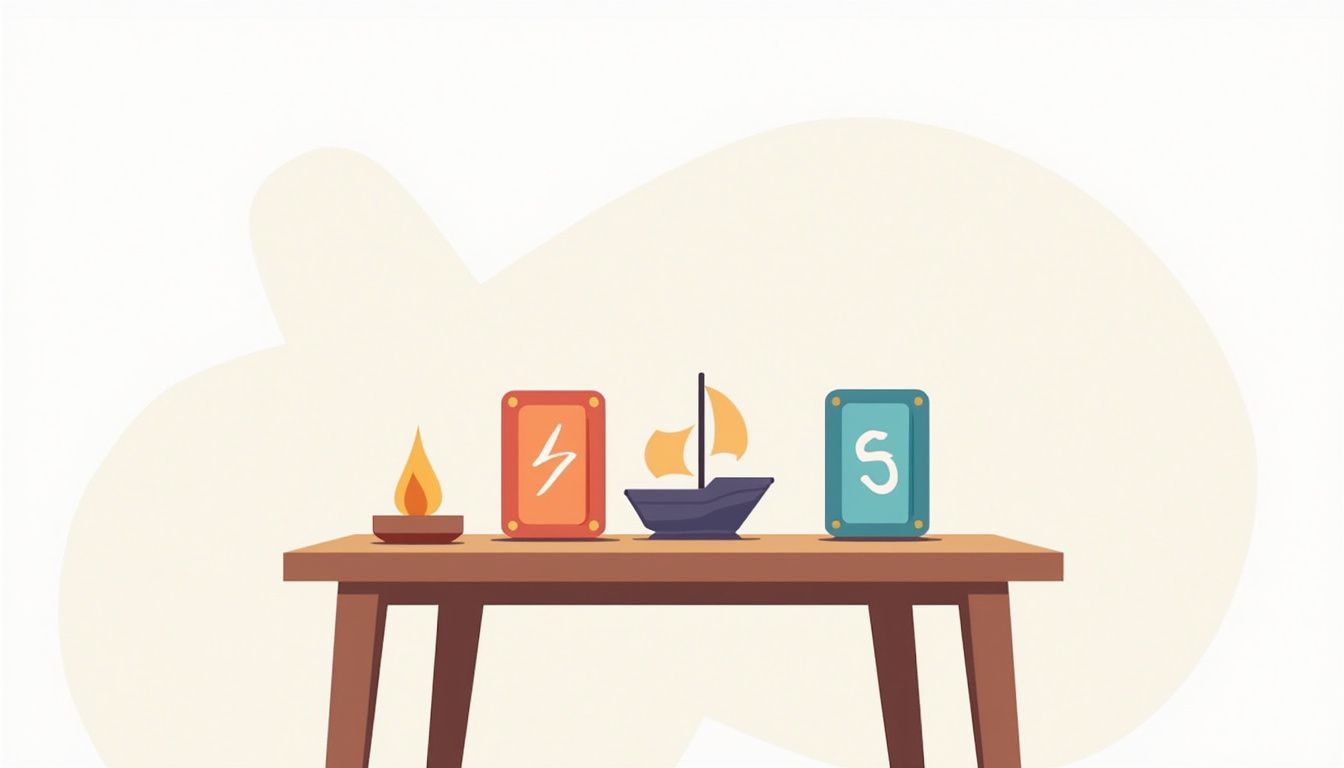 Minimalistische illustratie van een tafel met Lenormand kaarten en een kaars.