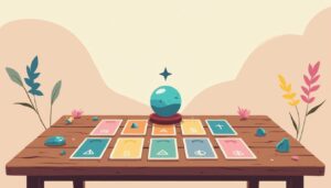 Minimalistische vectorillustratie van een houten tafel met Lenormand kaarten.