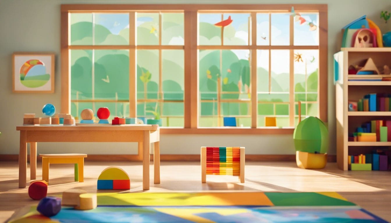 Montessori lesmaterialen in natuurlijke klasomgeving met houten speelgoed en educatieve materialen.