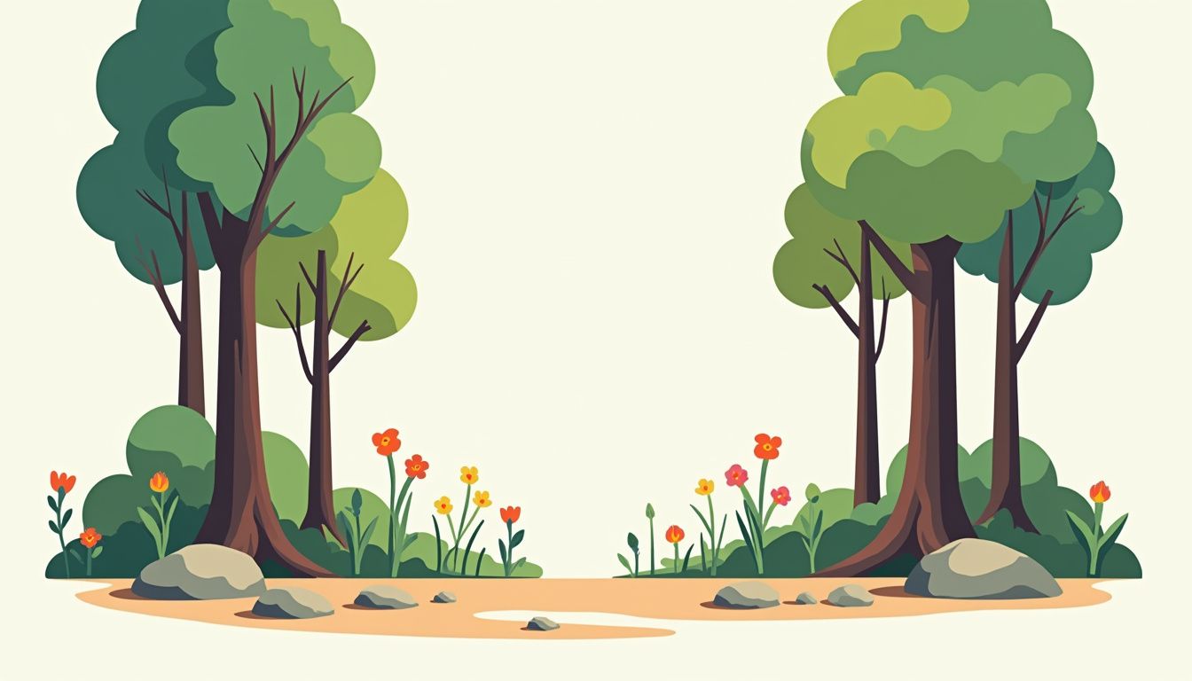 Minimalistische vectorillustratie van een rustige bosopen plek met bloemen. Minimalistische vectorillustratie van een rustige bosopen plek met bloemen.