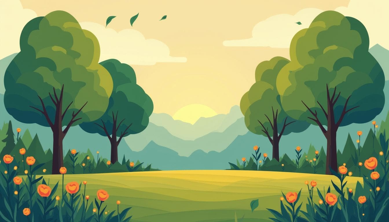 Minimalistische vectorillustratie van een serene bosopen plek met bloemen.