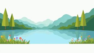 Vrolijke minimalistische illustratie van een kalme, reflecterende meer omringd door bomen.