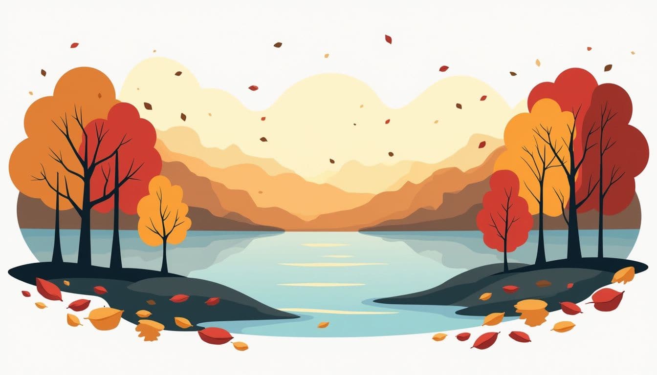 Minimalistische herfstbosillustratie met een rustig meer en warme kleuren.