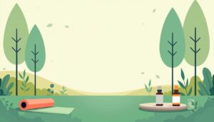 Minimalistische vectorillustratie van een vredige buitenruimte met wellness-iconen.