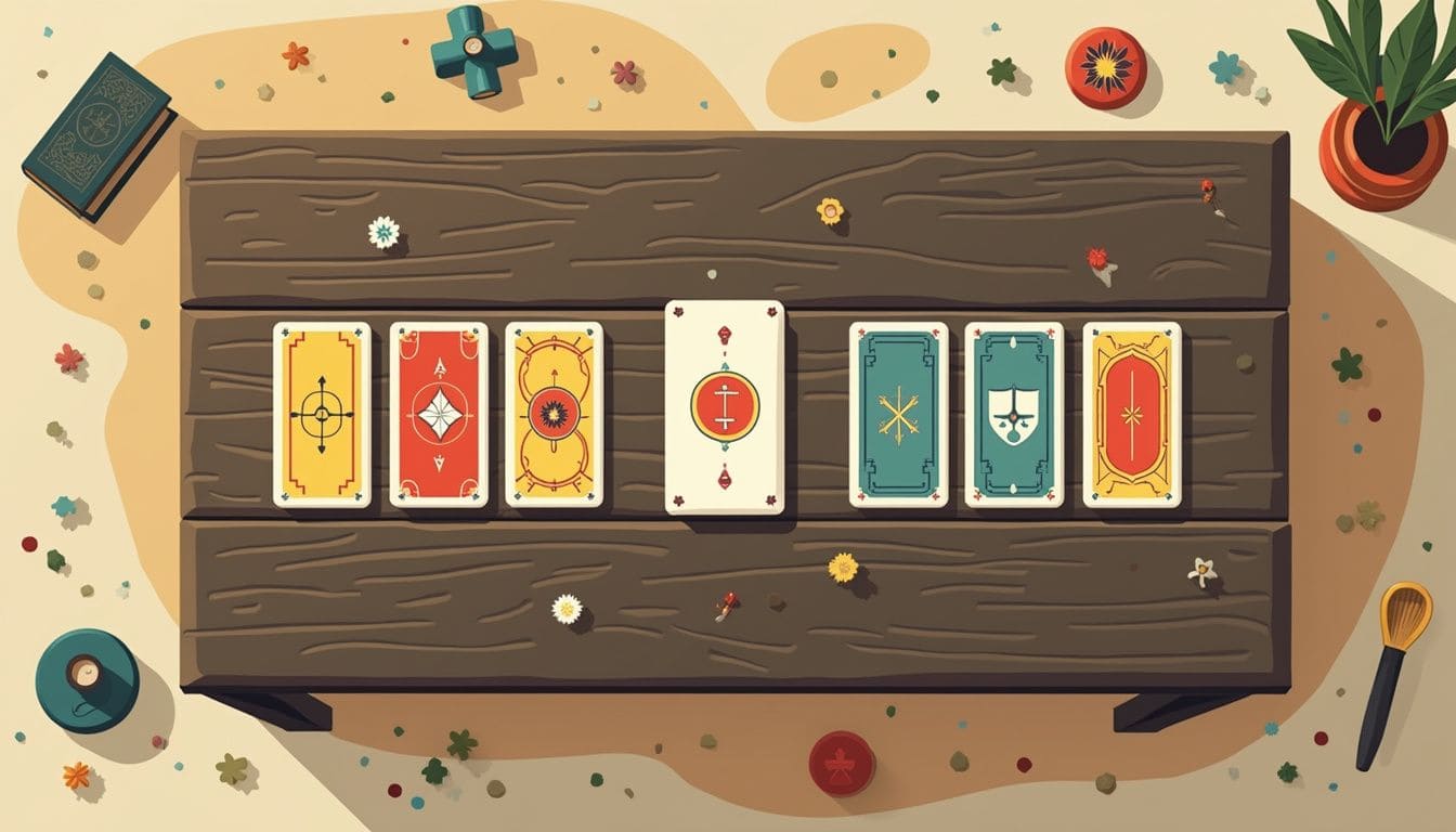 Vectorillustratie van een antieke houten tafel met Lenormand kaarten.