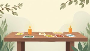 Een minimalistische illustratie van een houten tafel met tarotkaarten en kaarsen.