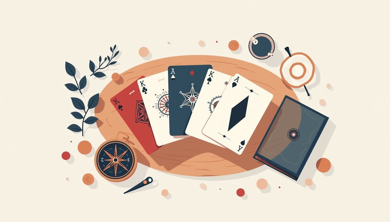 Minimalistische illustratie van speelkaarten en mystieke voorwerpen op hout.