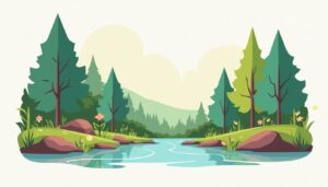 Minimalistische illustratie van een vredig natuurtafereel met een stroom.