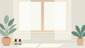 Minimalistische kamerillustratie met zachte kleuren en eenvoudige vormen.