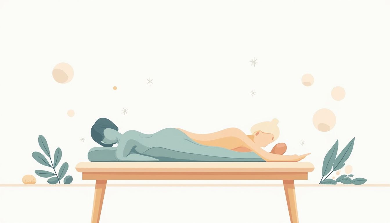 Minimalistische vectorillustratie van massagehulpmiddelen op een houten tafel.