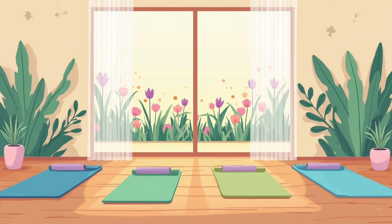 Minimalistische yogastudio met kleurrijke matten en een rustige tuin. Minimalistische yogastudio met kleurrijke matten en een rustige tuin.