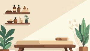 Minimalistische vectorillustratie van een spa-ruimte met natuurlijke elementen.