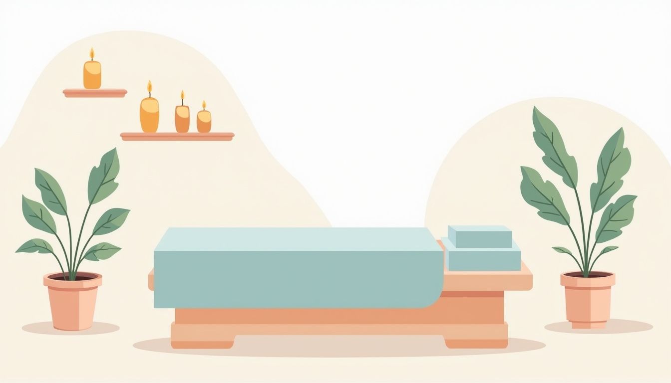 Minimalistische massagekamer met een massagetafel en zachte pastelkleuren.