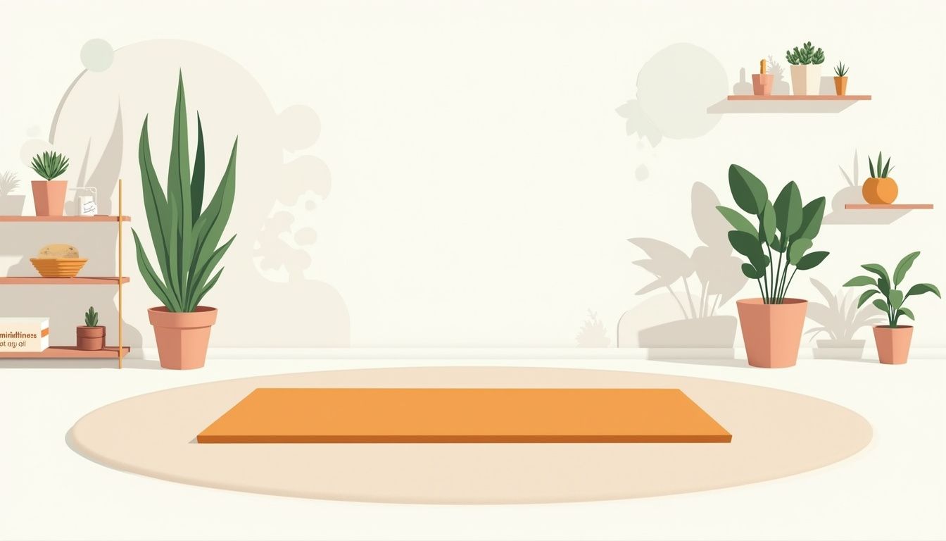 Minimalistische yoga studio met yoga mat, planten en diffuser.