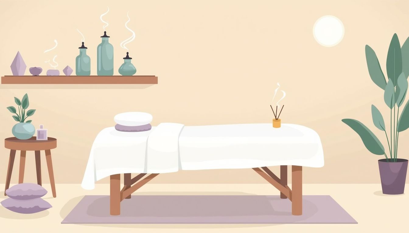 Minimalistische illustratie van een vredige massagekamer met geometrische elementen.