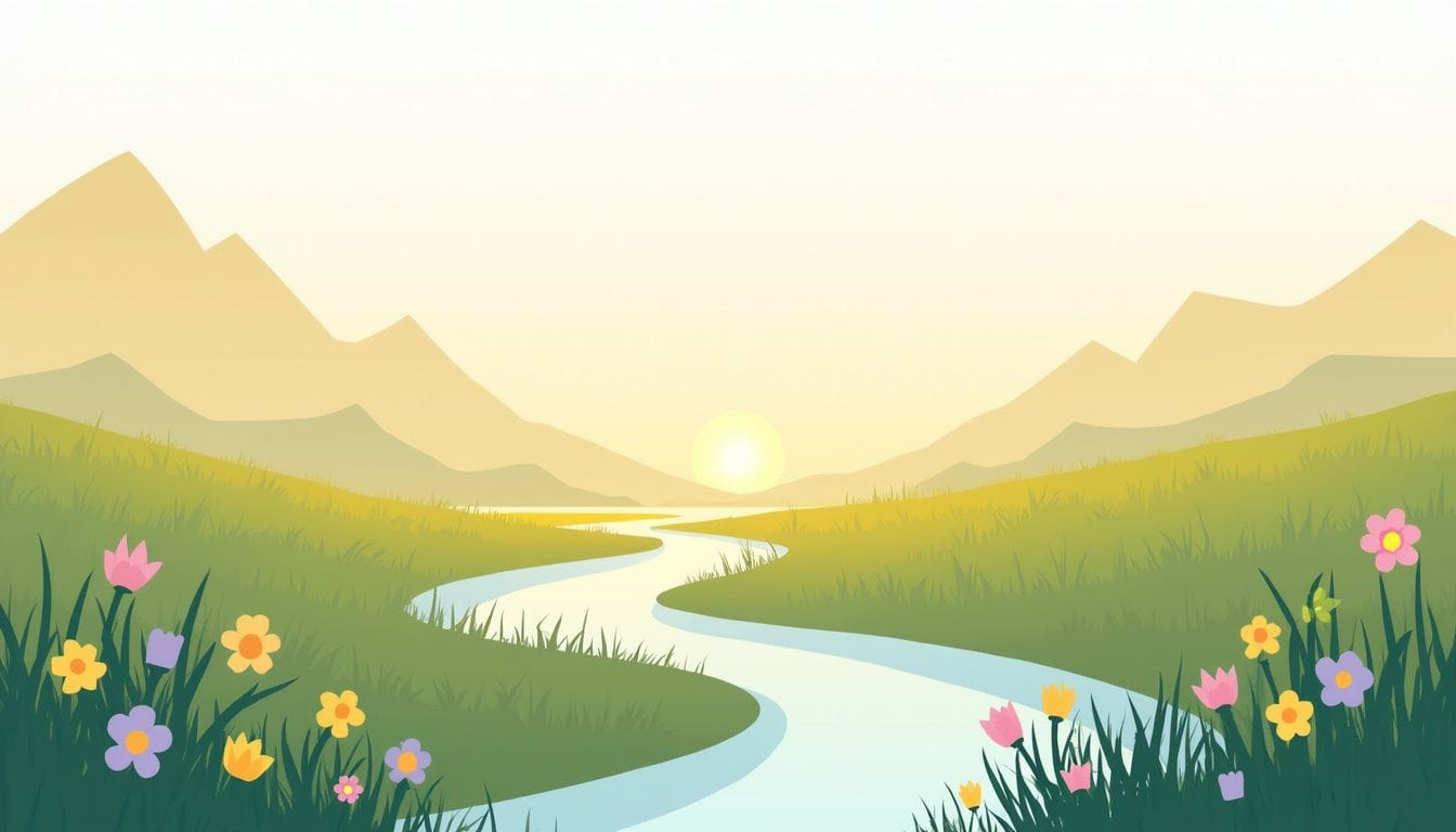 Minimalistische vectorillustratie van een rustige weide bij zonsopgang.