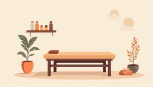 Minimalistische illustratie van een cozy ontspanningsruimte met massagetafel.