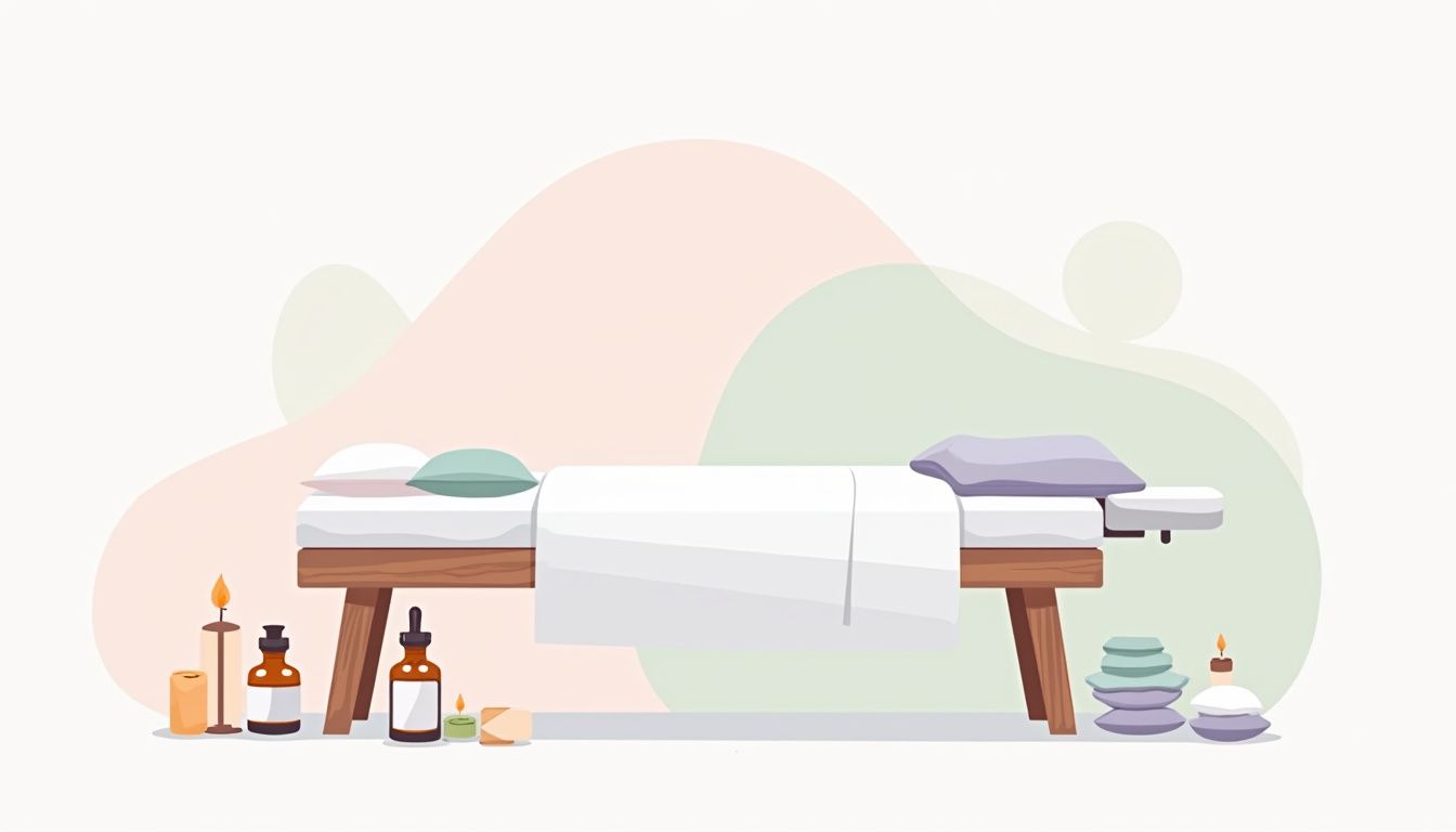 Minimalistische massageruimte met een eenvoudige tafel en pastelkleuren.