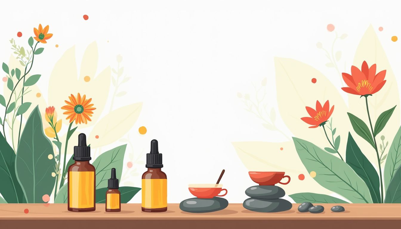 Minimalistische tuin met bloemen, tafel en essentiële oliën in vlakke stijl.