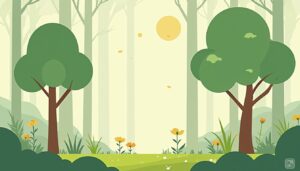 Minimalistische vectorillustratie van een vredig bos met geometrische bomen.