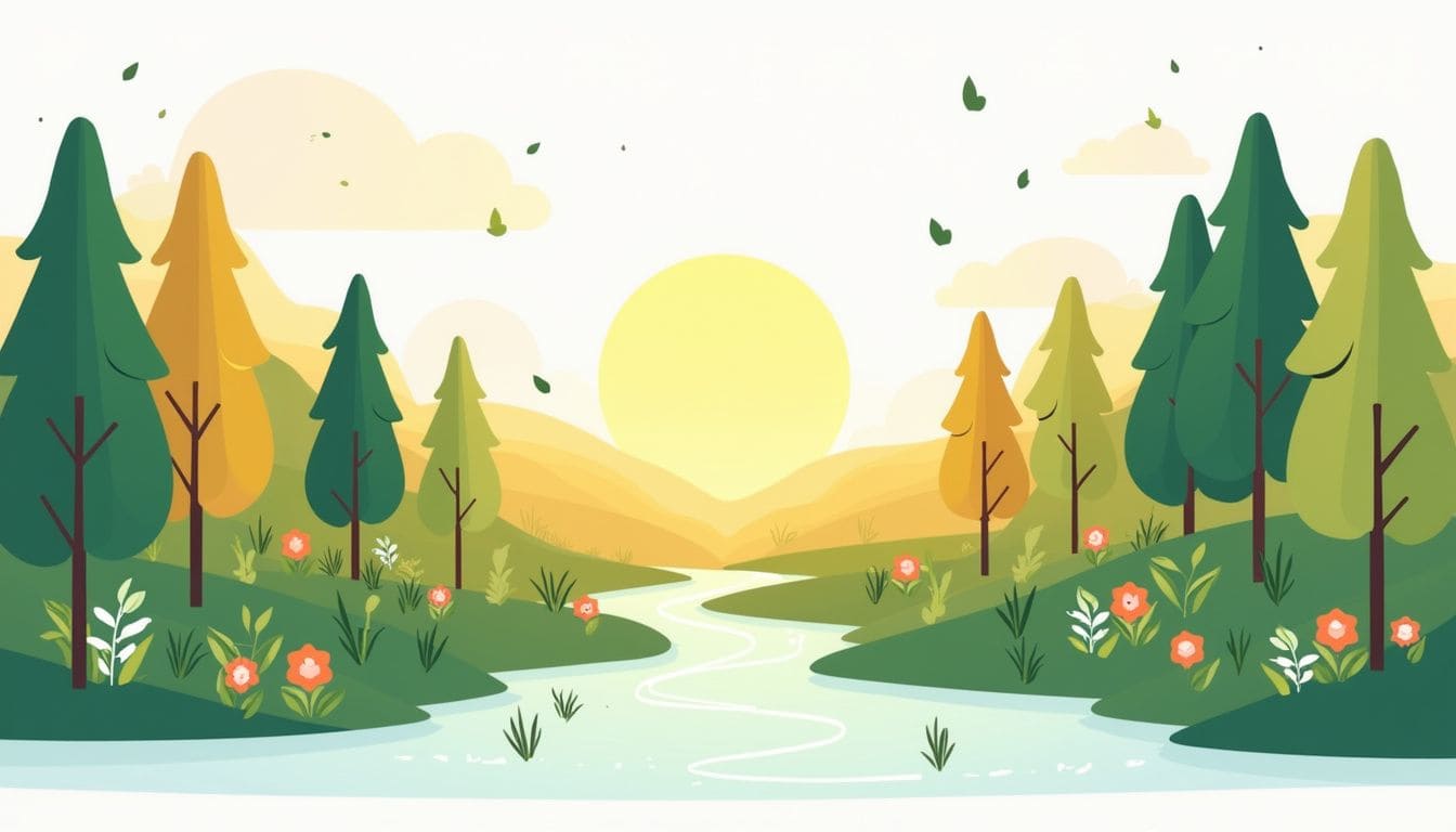 Minimalistisch vectorillustratie van een boshelderheid met een beekje.