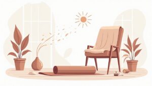 Minimalistische woonkamer met yoga-mat, diffuser, stoel en planten.