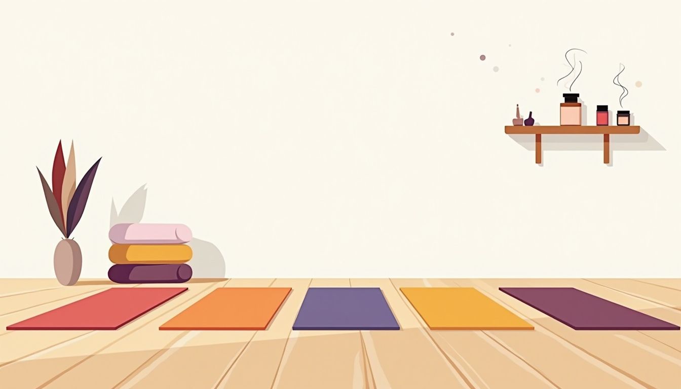 Minimalistische yogaruimte met kleurrijke mats en essenti&euml;le oli&euml;n.