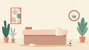 Minimalistische massagekamer met zachte kleuren en abstracte elementen.