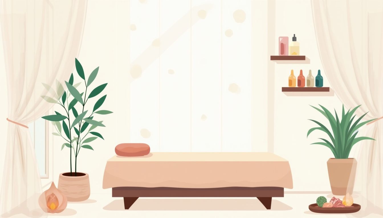 Minimalistische illustratie van een ontspannende massageruimte met natuur elementen.