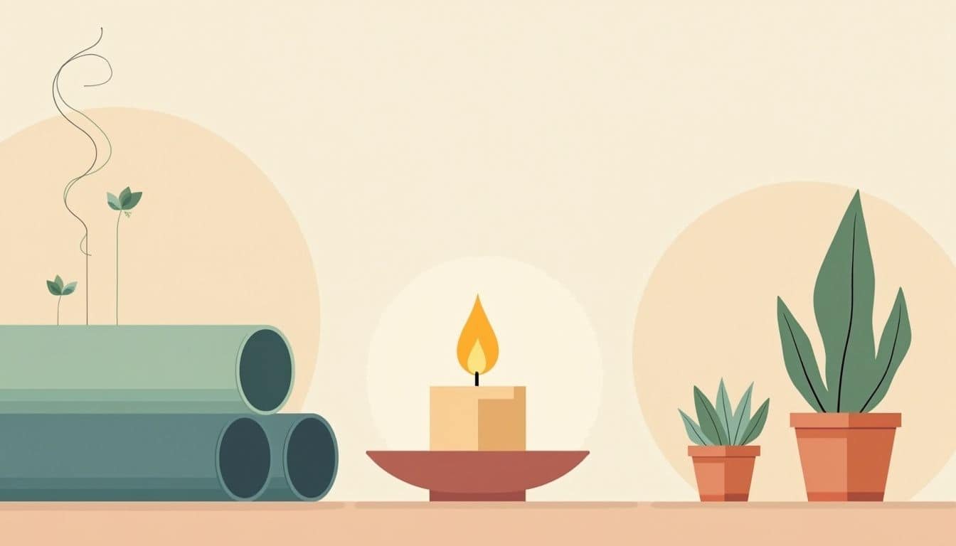 Minimalistische kamer met een kaars, yogamatten en planten in zachte kleuren.