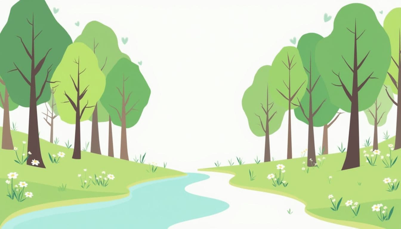 Minimalistische illustratie van een serene bosopen plek met bloempjes.